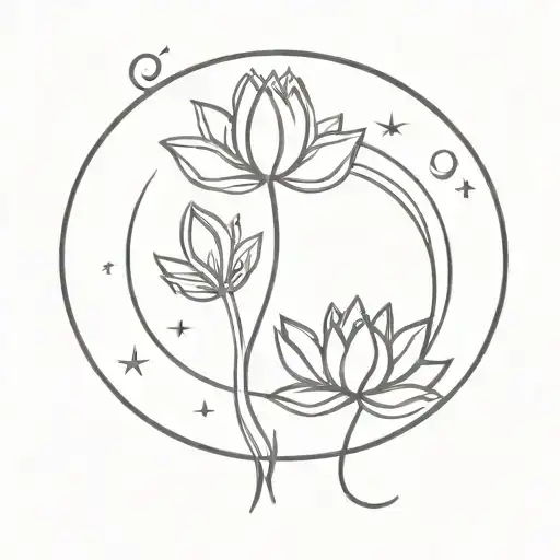 minimalistic design with trident lotus and moon tattoo design idea