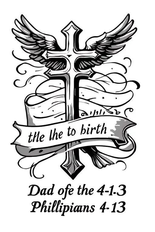 dad, cross, date of birth and bible verse Philippians 4:13 tattoo design idea