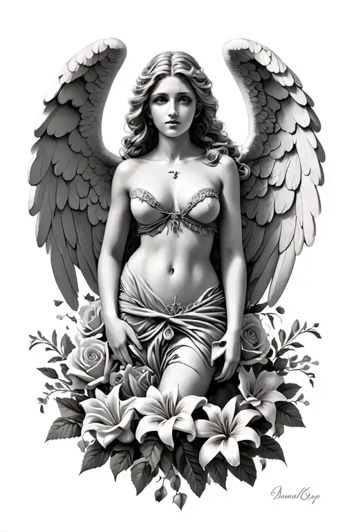 stone angel woman with roses and lillies around her waist covering her private parts   tattoo design idea
