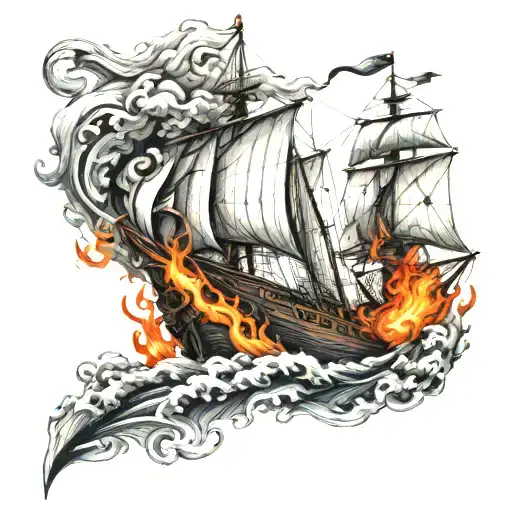 A detailed sailboat with billowing sails and a fiery phoenix rising from the mast, symbolizing resilience and strength tattoo design idea