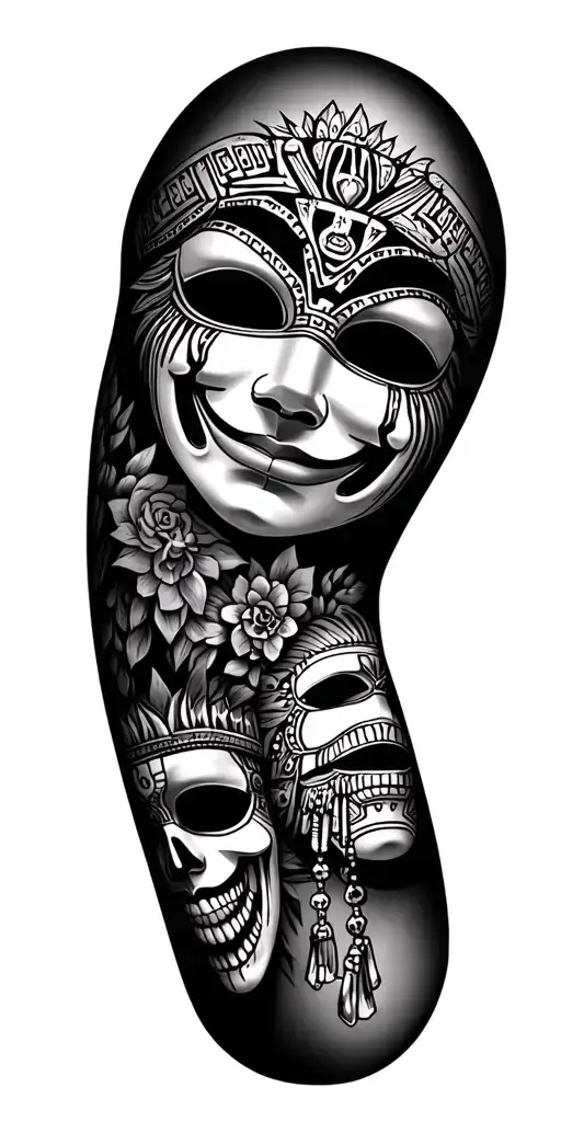 chicano style tattoo sleeve with cry now smile later masks and rosary with aztec fillers inbetween tattoo design idea