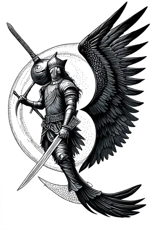 hussar with wings pointing upwards, holding a sword pointing downwards, half moon in the background, yin yang around the fish tattoo design idea
