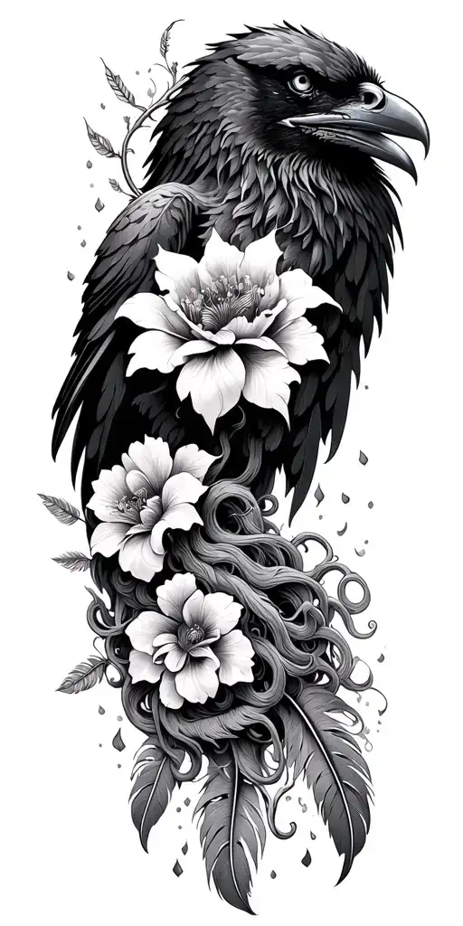 raven, medusa, flowers, waves, and feathers falling, butcher knife tattoo design idea