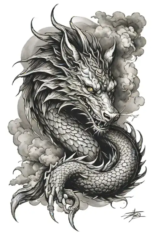 dragon wrapped around a wolf with storm clouds in the back tattoo design idea