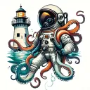 astronaut, diver, lighthouse, sunken ship, octopus tattoo design idea