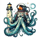 astronaut, diver, lighthouse, sunken ship, octopus tattoo design idea
