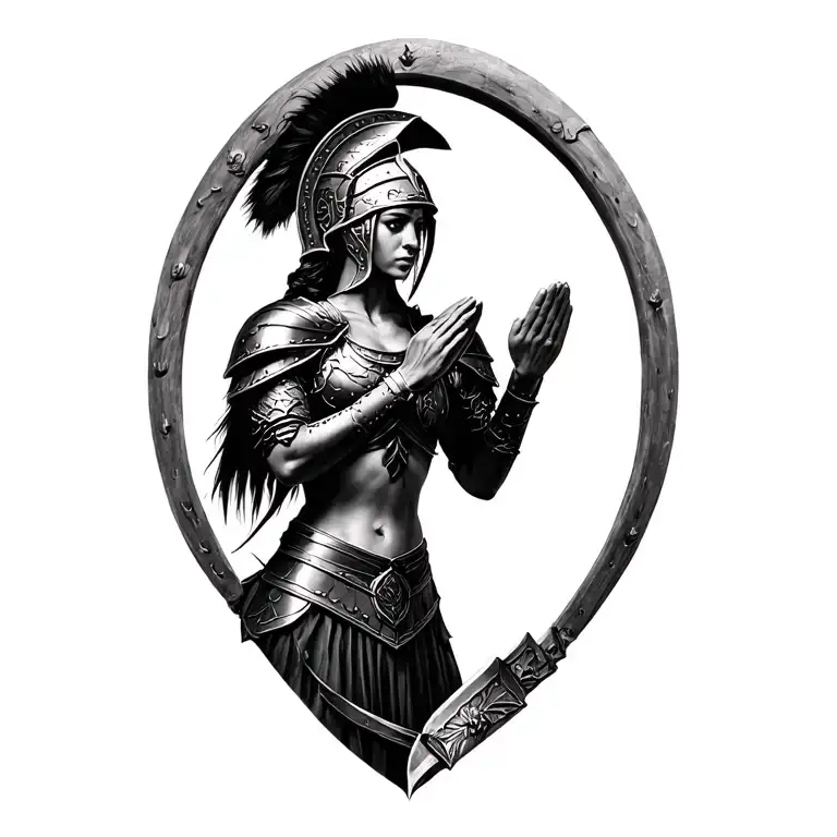 black and white Spartin woman in armor in prayer. lower image fades down to her hips with belly botton in view tattoo design idea