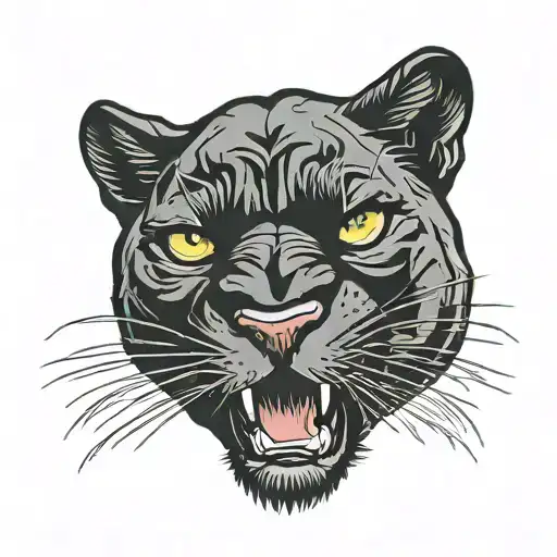 Black panthers head facing forward with open mouth in color tattoo design idea