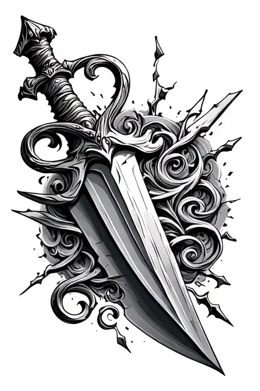 design a tattoo that is a dagger with swirled handle and the shaft is broken into pieces  tattoo design idea