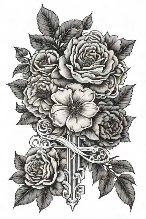 Tattoo with a primrose, rose, larkspur, cosmo, and peony wrapped around a delicate thin line cross tattoo design idea