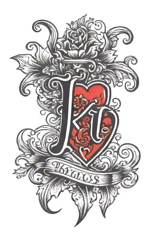 combination of the letters k and L with a red heart tattoo design idea