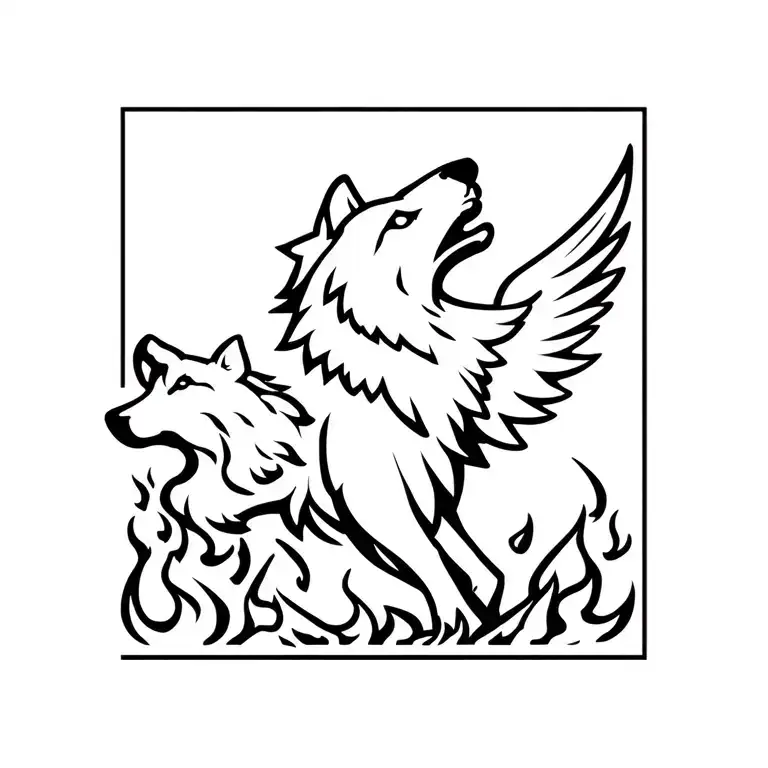 alpha wolf howling with phoenix rising from the ashes tattoo design idea