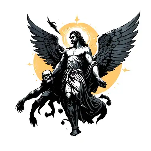 archangel Michael, minimalist silhouette surrounded by skulls, defeating satan tattoo design idea