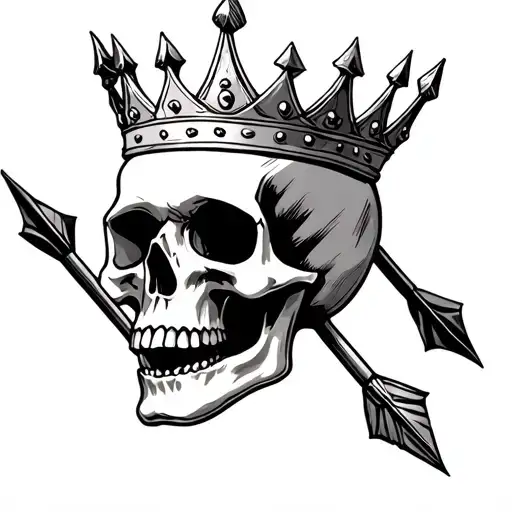 skull with crown and three arrows pointing down and left tattoo design idea
