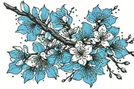 Cherry blossom petals falling, deep blue petals dark blue petals, light blue petals, black branch. Leo constellation, tattoo design idea