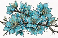 Cherry blossom petals falling, deep blue petals dark blue petals, light blue petals, black branch. Leo constellation, tattoo design idea