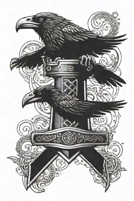 helm of awe thors hammer ravens flying tattoo design idea