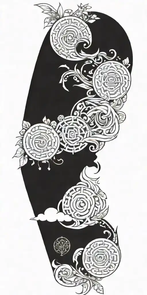 Blend Buddhist mandala, fine-line wood grain, anime elements, and subtle gaming symbols into a cohesive, flowing design tattoo design idea