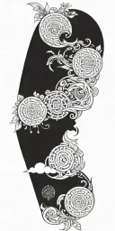 Blend Buddhist mandala, fine-line wood grain, anime elements, and subtle gaming symbols into a cohesive, flowing design tattoo design idea