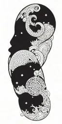 Blend Buddhist mandala, fine-line wood grain, anime elements, and subtle gaming symbols into a cohesive, flowing design tattoo design idea