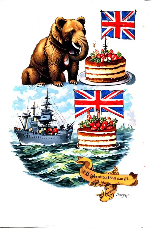 left arm half sleeve with a bear, elephant, slice of cake, battleship, and British flag tattoo design idea