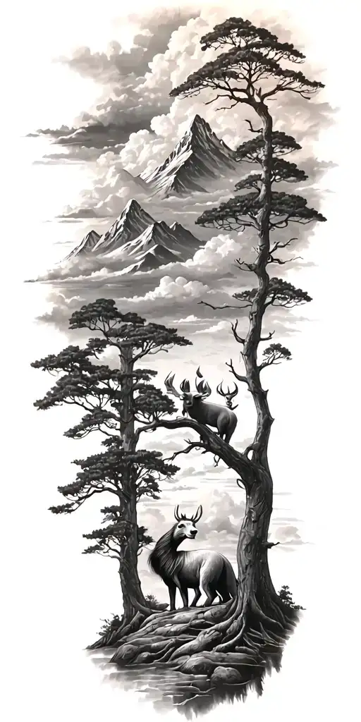 mountains, clouds, animals, big tree with HM tattoo tattoo design idea