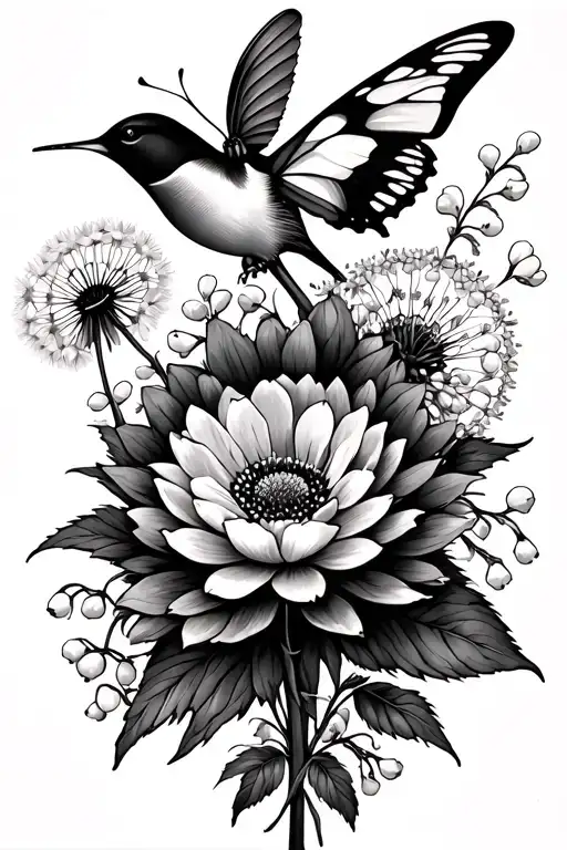 half sleeve tattoo Dandelion lily of the valley Daisy Rose chrysanthemum marigold Lotus hummingbird monarch butterfly mo tattoo design idea