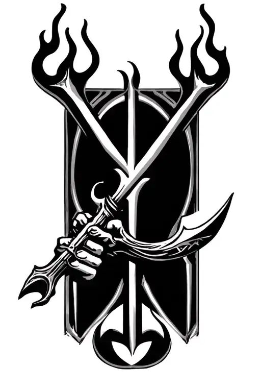 hades pitchfork with flames left arm tattoo design idea