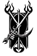 hades pitchfork with flames left arm tattoo design idea