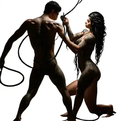 full body Silhouette of a male in a dongeon on his knees being tortured by a goddess dominatrix with whips tattoo design idea