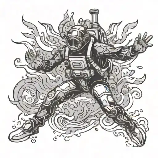 Design a detailed tattoo featuring a scuba diver in a front view, surrounded by an abstract underwater world. The scuba  tattoo design idea