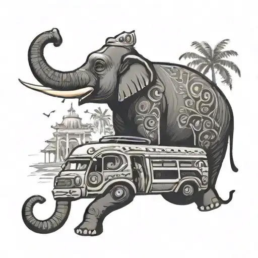 A tattoo design with a Kerala house and a Kerala elephant and a Kerala tourist bus with a flight on the sky  tattoo design idea
