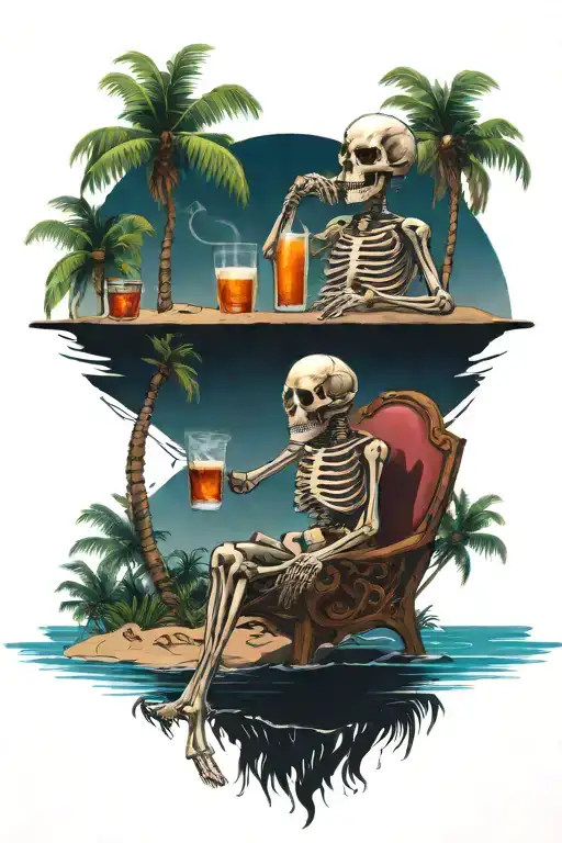 sea with beach and skeleton drinking rum sitting next to the palm tree tattoo design idea