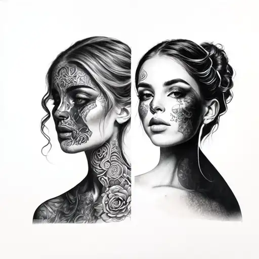 a women with a second face showing how people are double sided  tattoo design idea