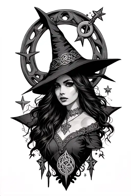 dark witch, torns, horseshoe, celtic, stars, moon  tattoo design idea