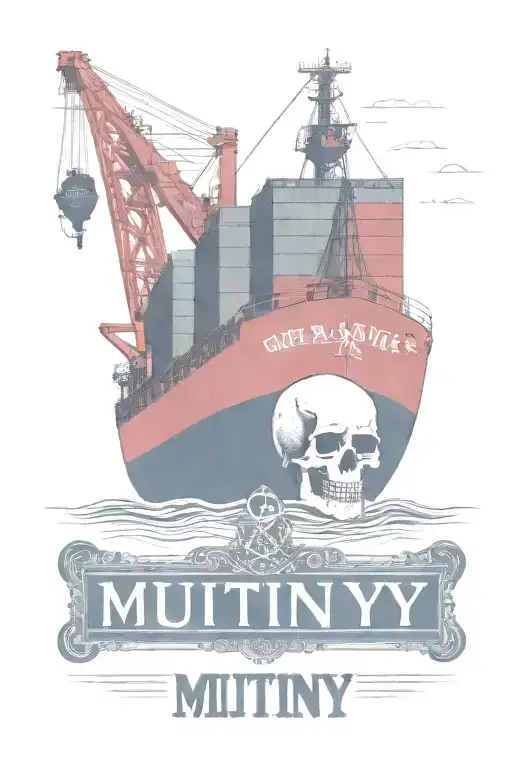 Container Ship with a crane behind and a skull and anchor with text below that says Mutiny  tattoo design idea