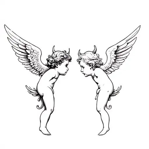 angel cherub and devil cherub facing each other side tattoo design idea