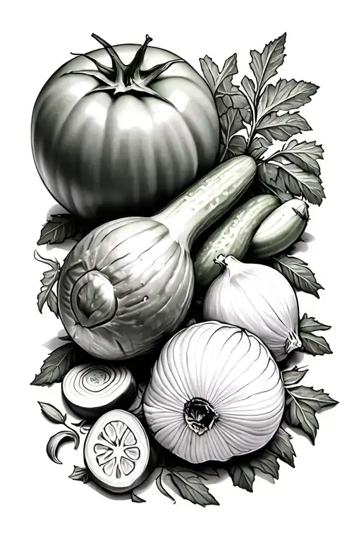 tomatoe, cucumbers, raddish, cabbage, garlic, onion, herbs tattoo design idea