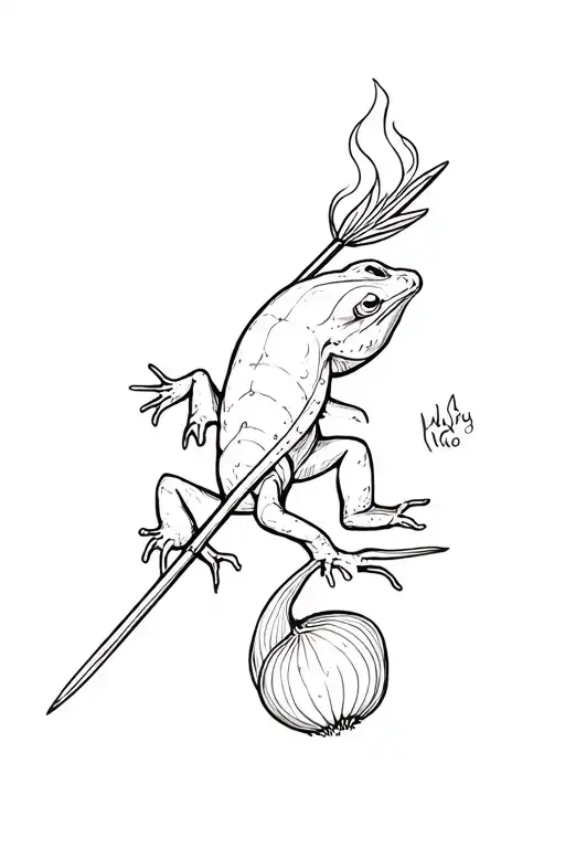 Salamander on an arrow from onions, around a little fire in the head tattoo design idea