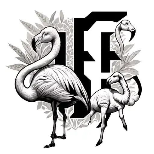 T and F with a flamingos neck around the F and a lamb around the T, realistic design with abstract drawings around it  tattoo design idea