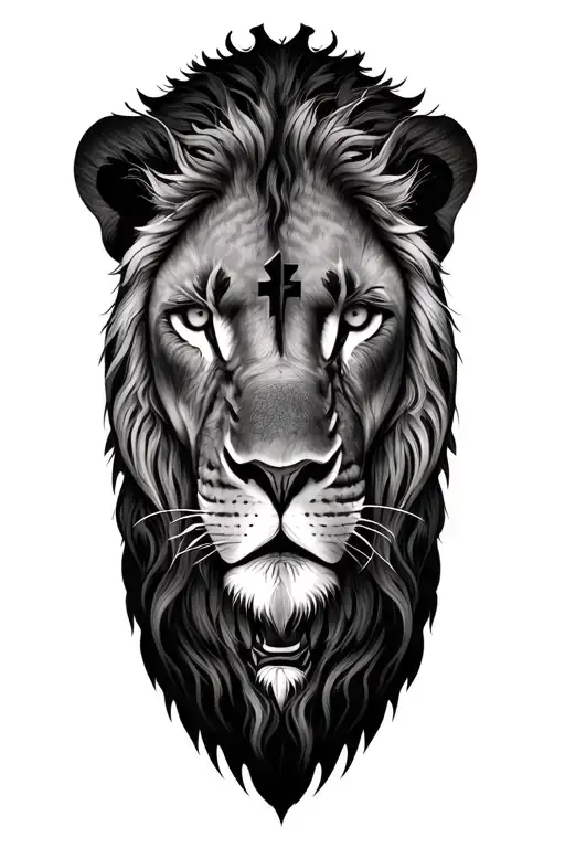 majestic landscape, realistically lion head, 3 black subtle crosses in a line, half sleeve, very detailed art piece. tattoo design idea
