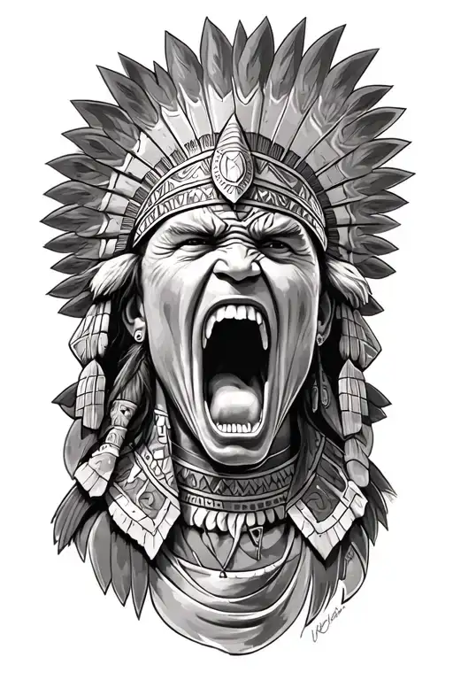 aztec warrior screaming intense tattoo design idea