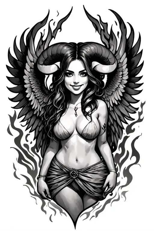 aries zodiac sign sexy smiling female wings fire surrounded back view tattoo design idea