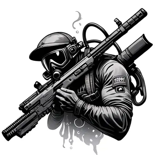 scuba diver with a modern weapon. high quality 4k tattoo design tattoo design idea