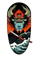 kanagawa wave, susanoo face with katana, mount fuji background, phoenix tattoo design idea