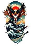 kanagawa wave, susanoo face with katana, mount fuji background, phoenix tattoo design idea