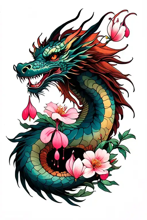 bleeding hearts, flowers, cherry blossoms, dragon tattoo design idea