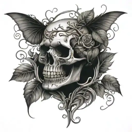 gothic skull enveloped by vines and nature tattoo design idea