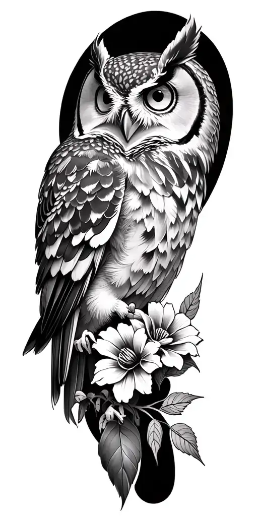 Create an owl and flower full arm sleeve for men tattoo design idea
