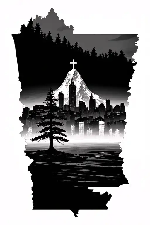 minimalist tattoo Quebec outline with Montreal skyline including Mont-Royal and the cross with a cypress tree growing up tattoo design idea